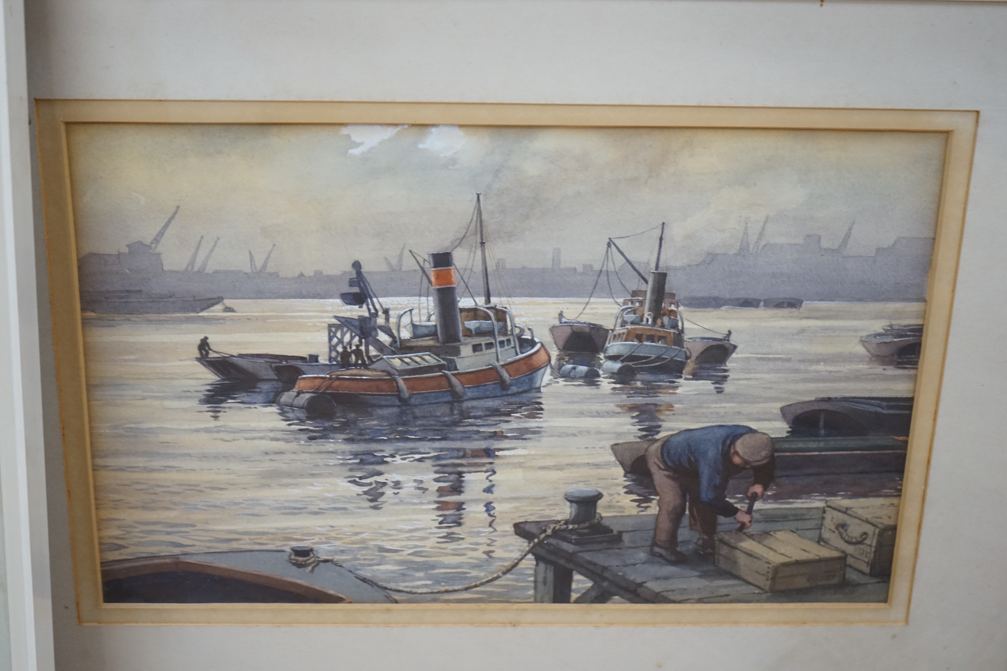 Philip Bear (b.1932), three watercolours, 'Dredging', 'Greenwich Riverside' and 'Shipping in harbour', signed, largest 23 x 40cm